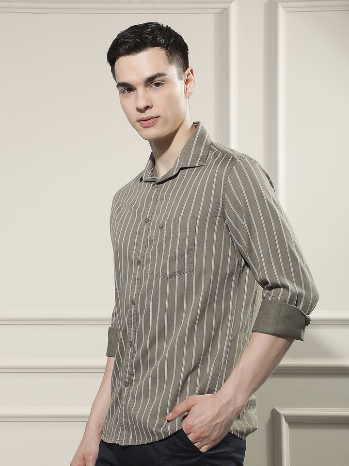 Olive Vertical Stripes Shirt