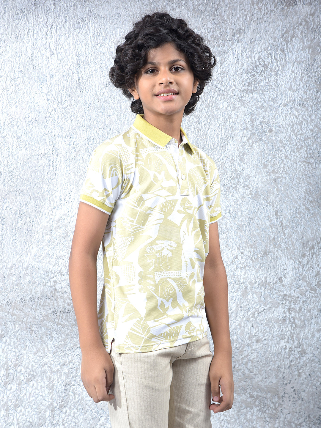 Yellow Floral Print Polo Neck Knitted T-Shirt