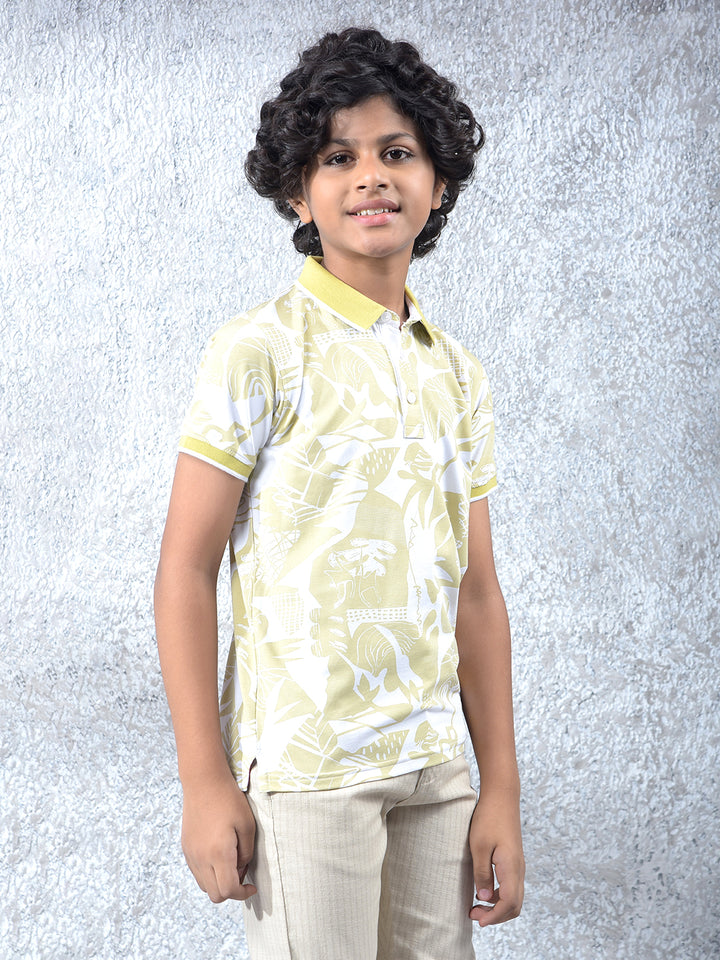 Yellow Floral Print Polo Neck Knitted T-Shirt