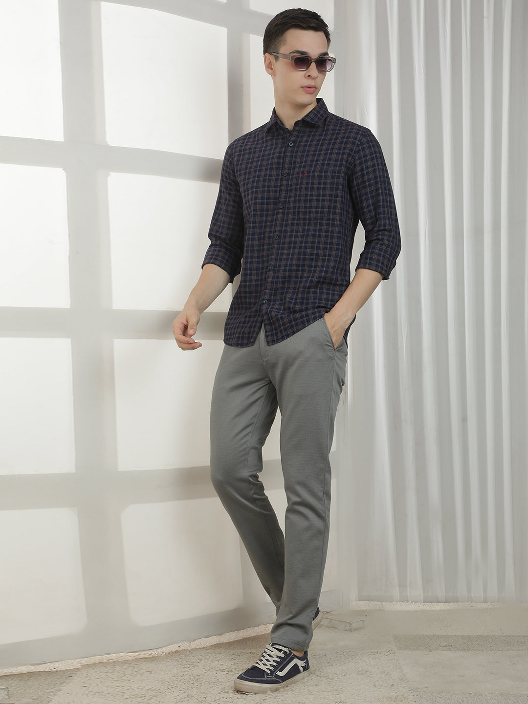 Navy Blue Checked 100% cotton Shirt