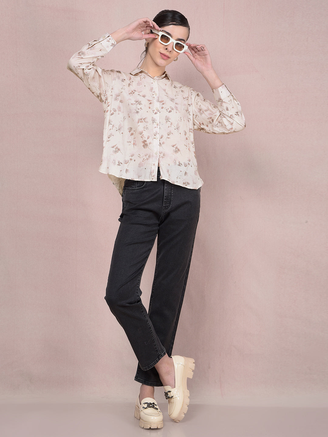 Beige Floral Print Shirt-Women Shirts-Crimsoune Club