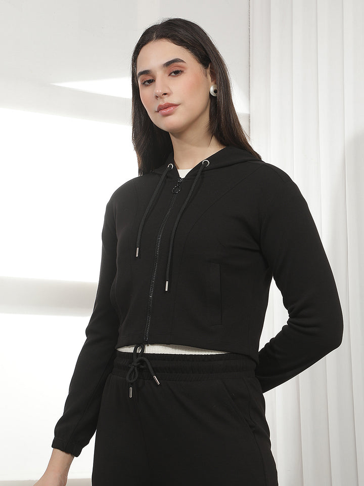 Black Hooded Cropped Front-Open Sweatshirt