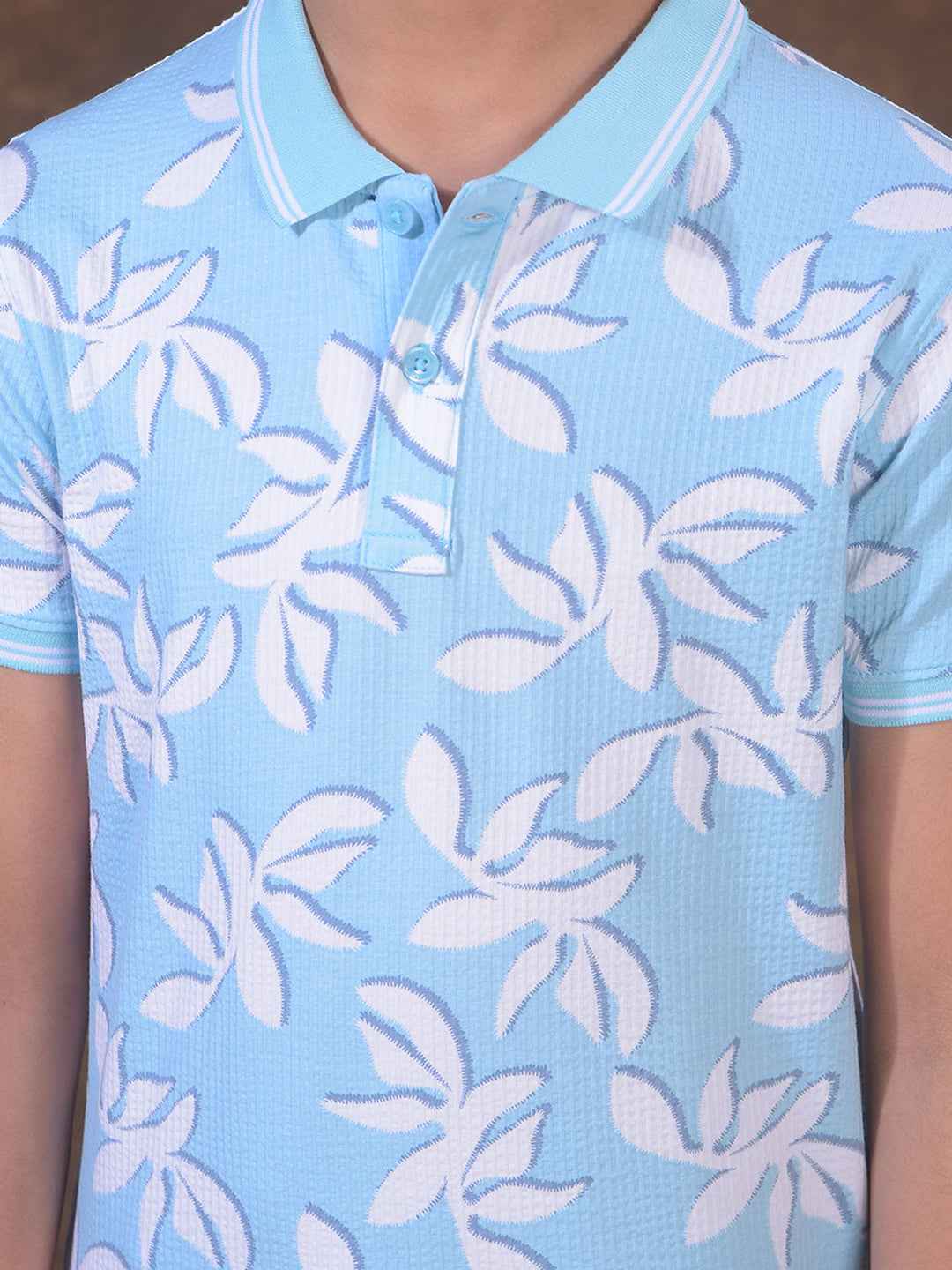 Blue Floral Print Polo Neck T-Shirt