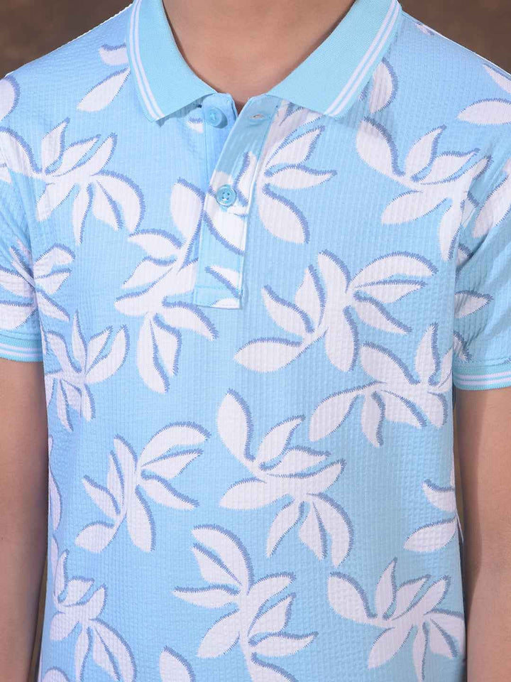 Blue Floral Print Polo Neck T-Shirt