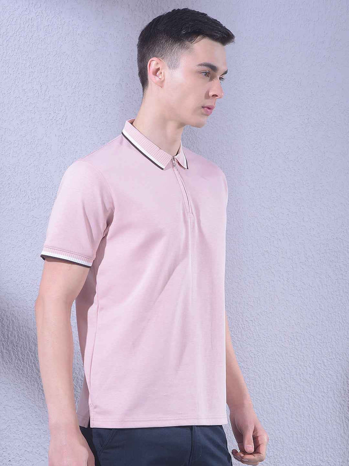Pink Polo Neck T-Shirt with Zip Closure