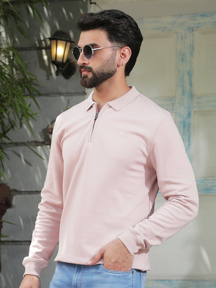 Pink Polo Neck Front Open Sweatshirt