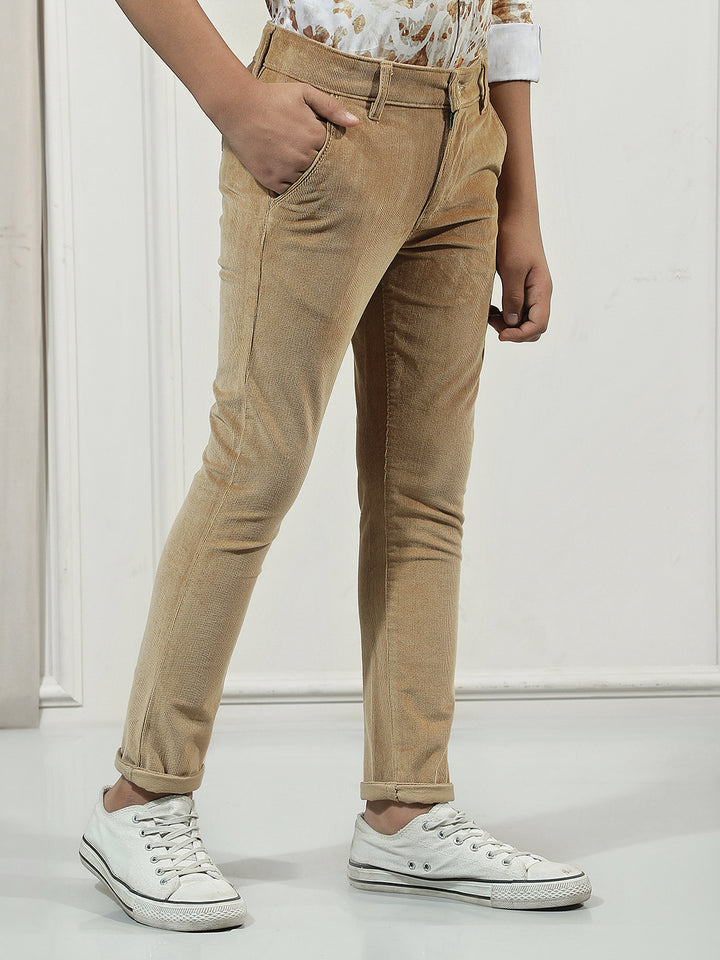 Beige Cotton Stretchable Corduroy Trousers