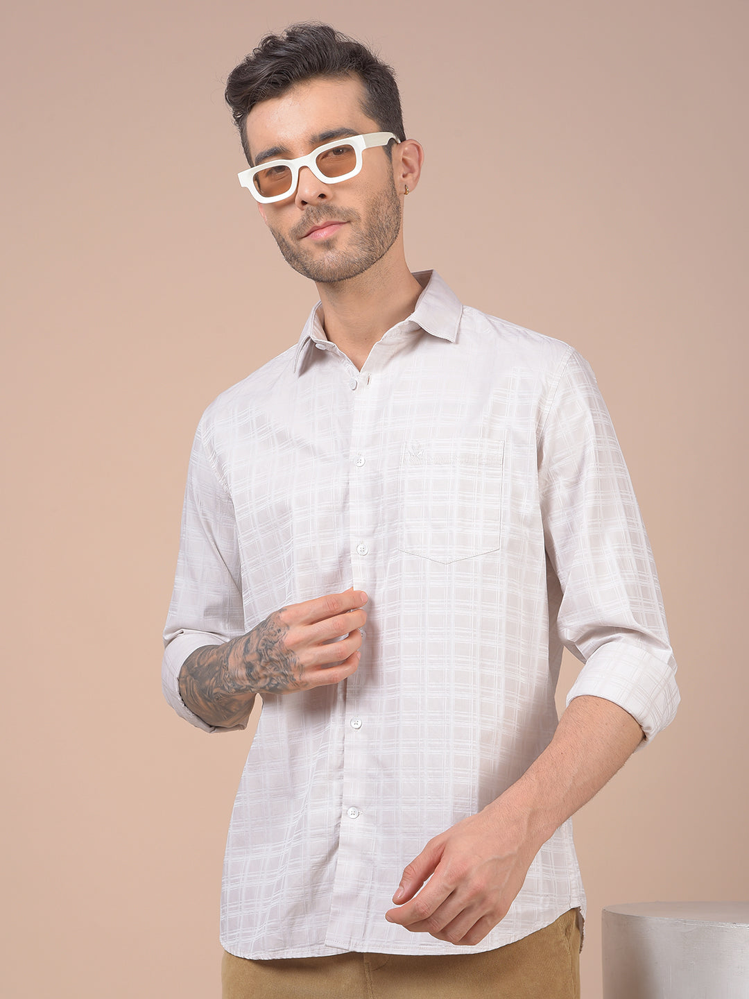 Cream Checked 100% Cotton Shirt