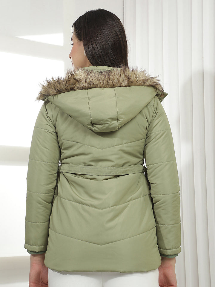 Green Hooded Puffer Jacket With Belt