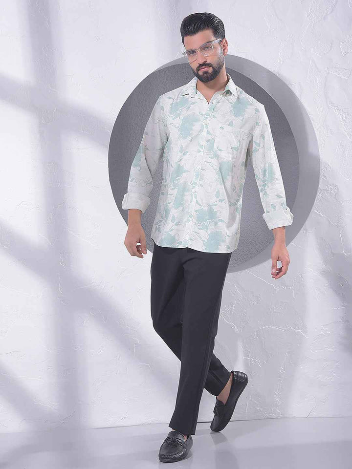 Green Floral Print Linen Shirt