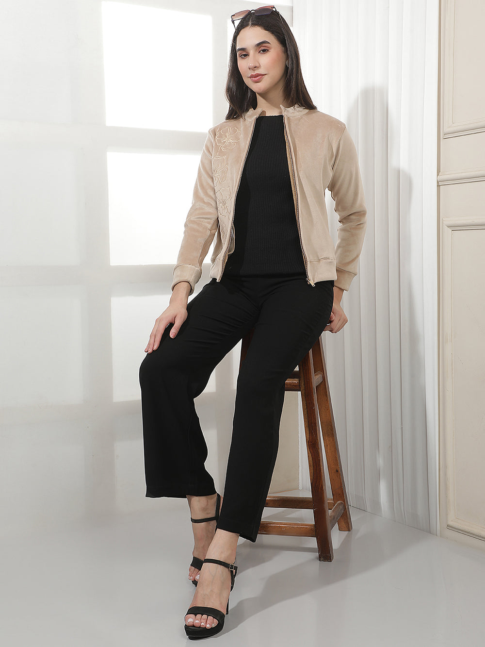 Beige Jacquard High Neck Sweatshirt