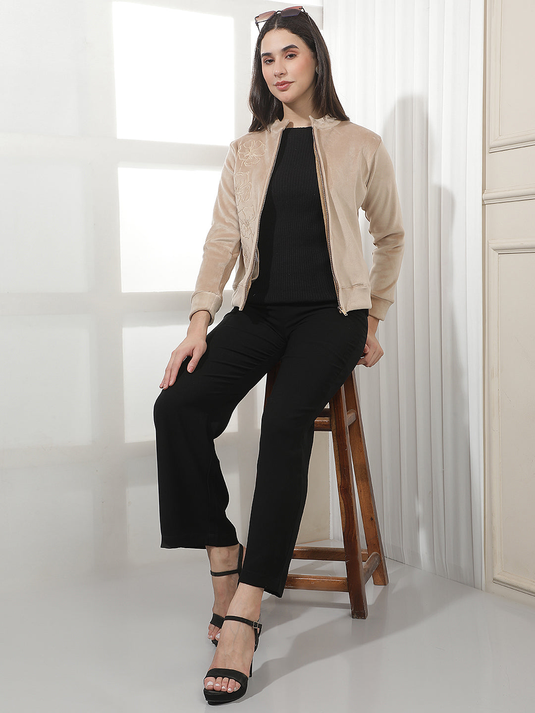 Beige Jacquard High Neck Sweatshirt