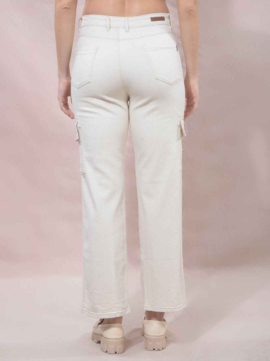Beige Wide Leg Cargo Jeans