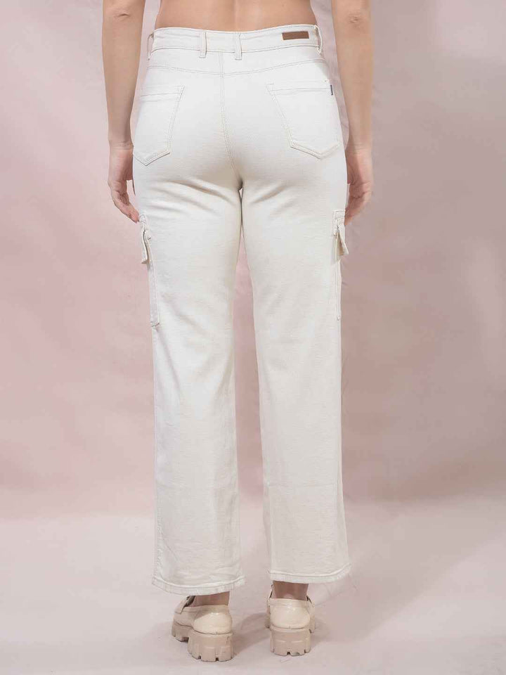 Beige Wide Leg Cargo Jeans