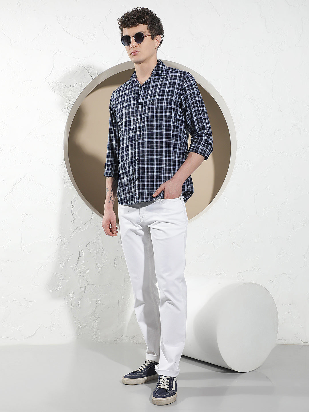 Navy Blue 100% Cotton Checked Shirt