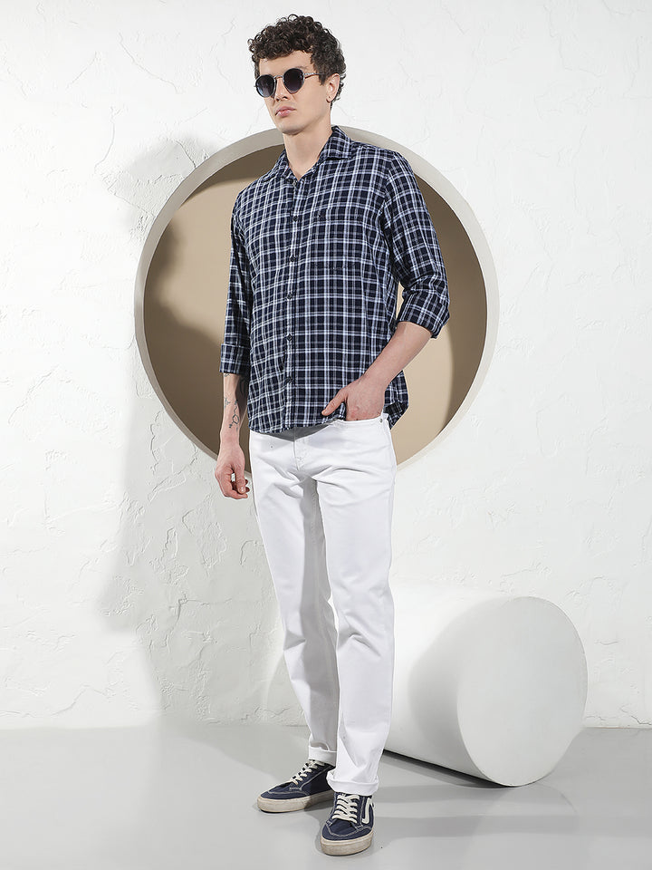Navy Blue 100% Cotton Checked Shirt