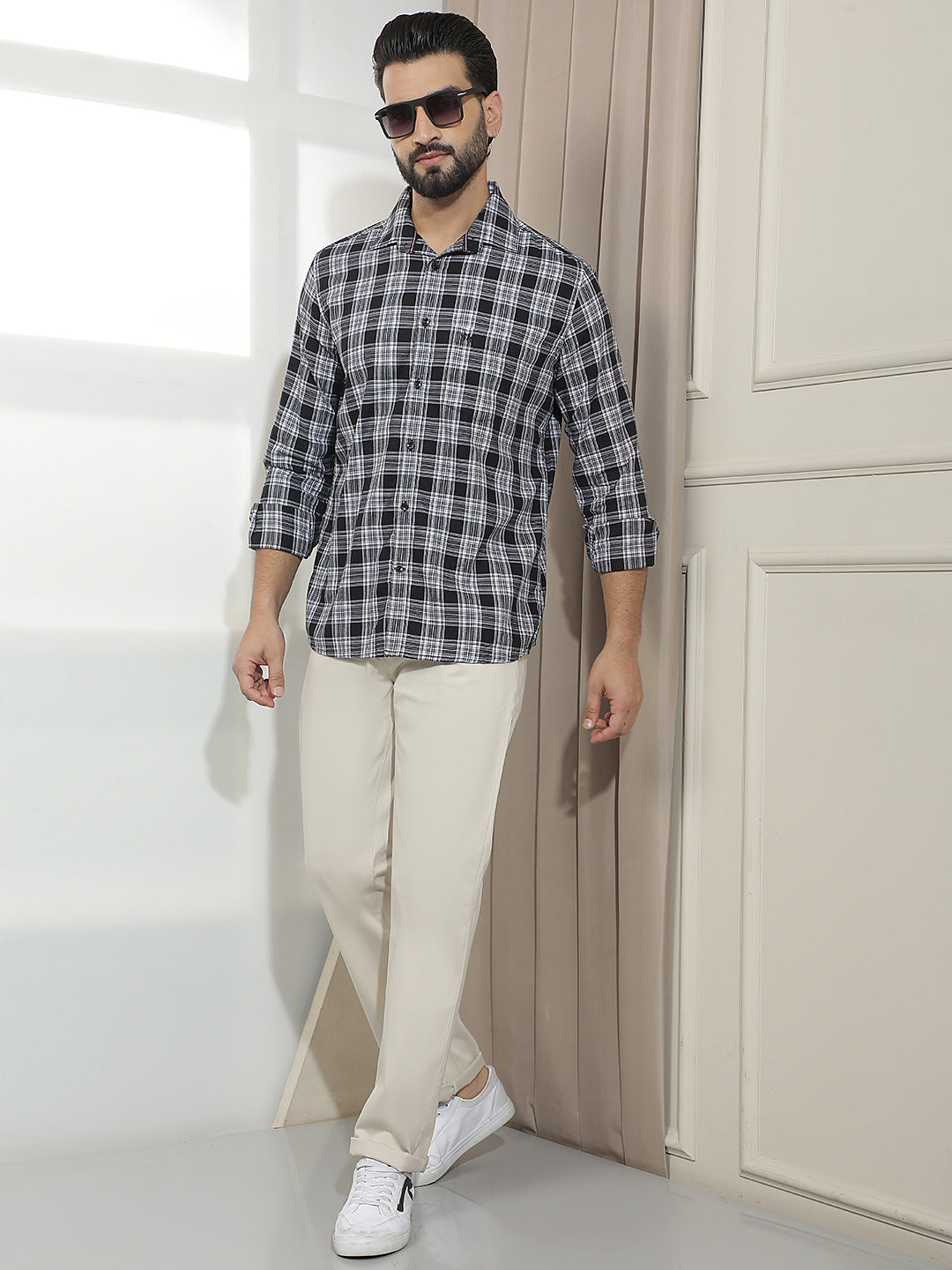 Beige Dobby Straight Trousers