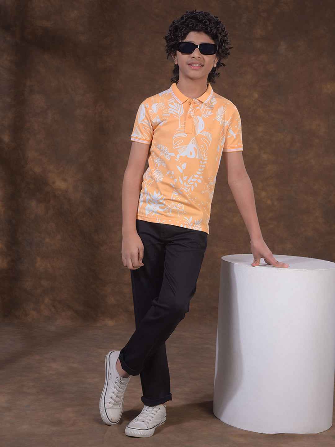 Peach Floral Print Polo Neck T-Shirt