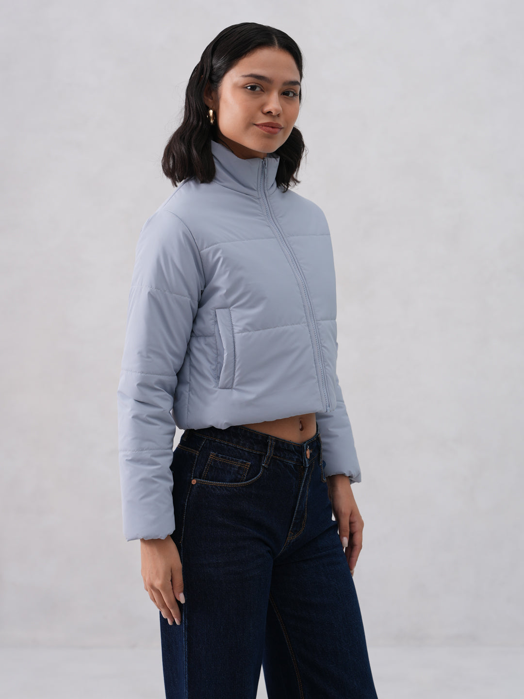 Blue Cropped High-Neck Puffer Jacket