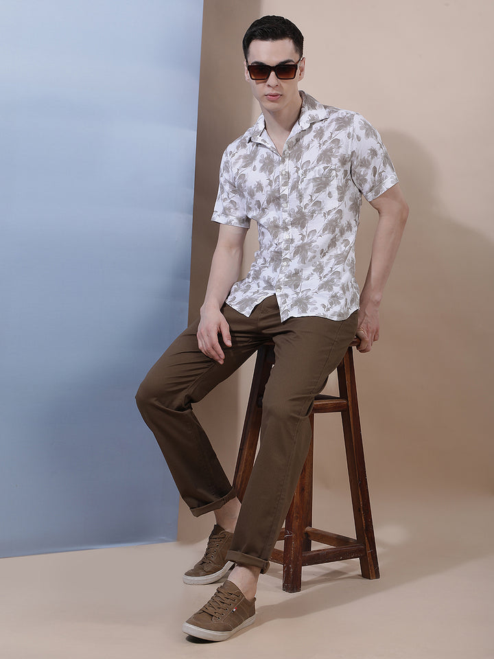 Beige 100% Cotton Floral Printed Shirt