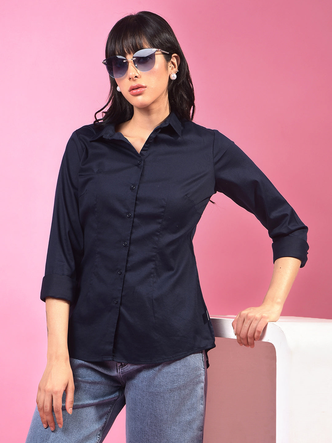 Vibrant Navy Blue Shirt – Go For Effortless Style-Women Shirts-Crimsoune Club