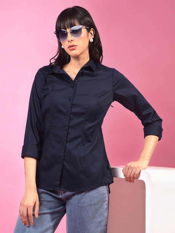 Vibrant Navy Blue Shirt – Go For Effortless Style-Women Shirts-Crimsoune Club