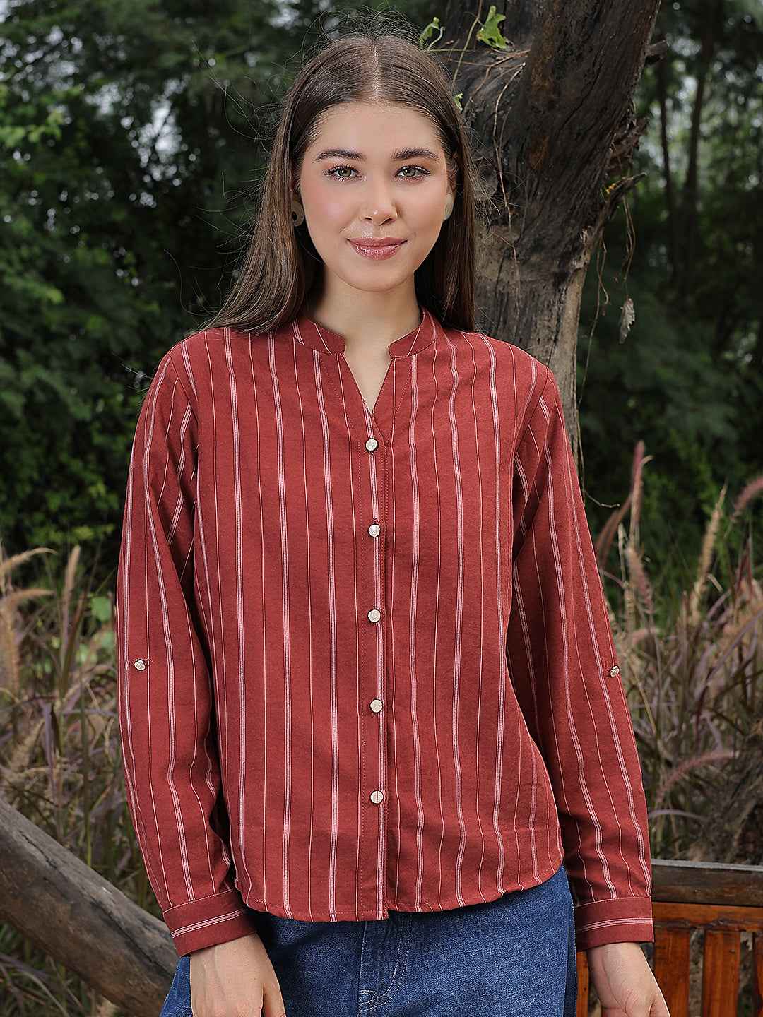 Red Striped V-Neck Shirt