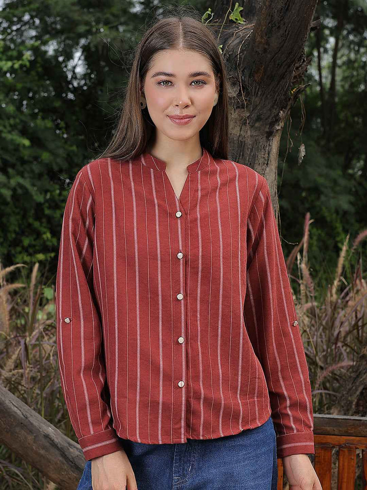 Red Striped V-Neck Shirt