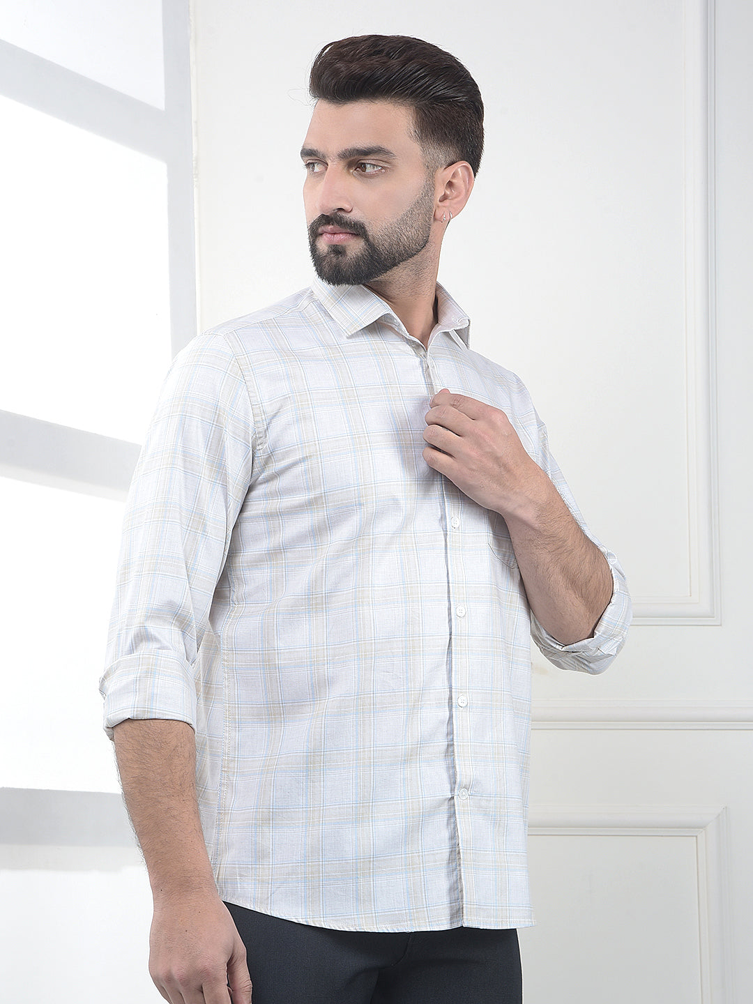 Beige Checked 100% Cotton Shirt