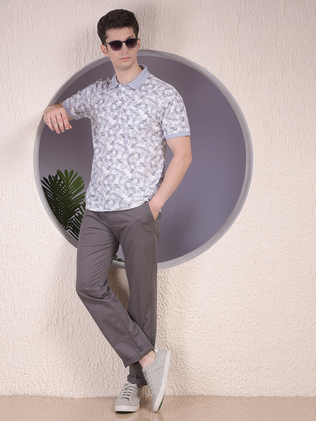 Purple Floral Print Polo-Neck T-Shirt