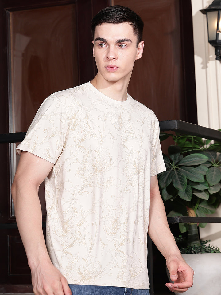 Off White Round Neck Floral Printed T-Shirt