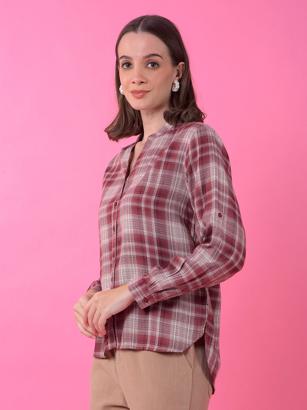 Brown Checked V-Neck Shirt