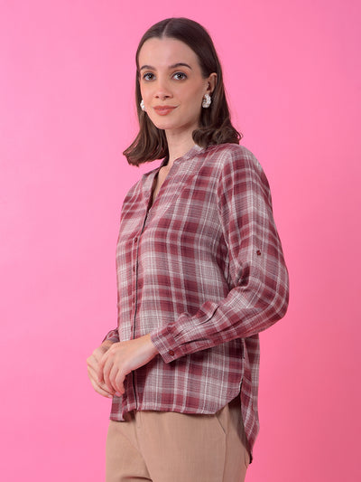Brown Checked V-Neck Shirt