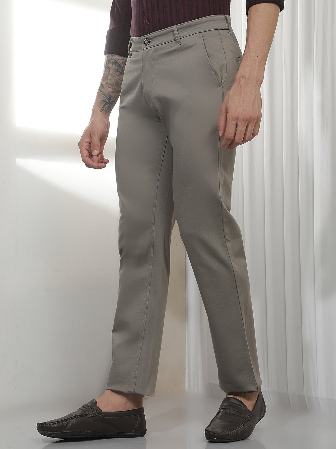 Grey Casual Cotton Trousers