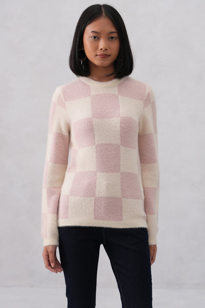 Soft Pink Cozy Check Sweater