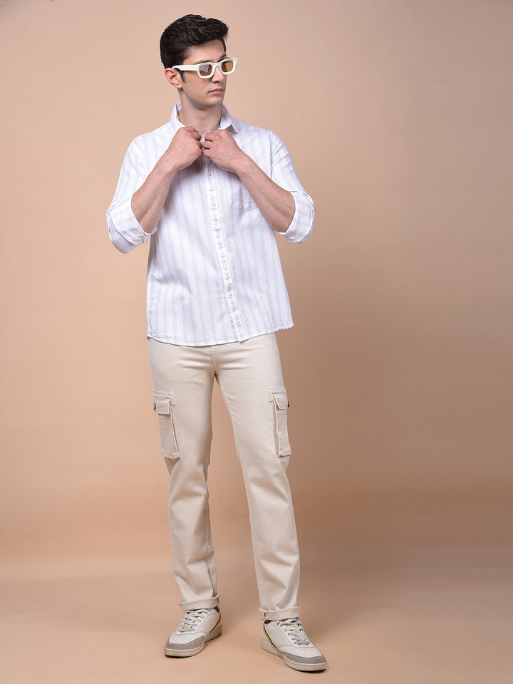 Beige Vertical Stripes 100% Cotton Shirt