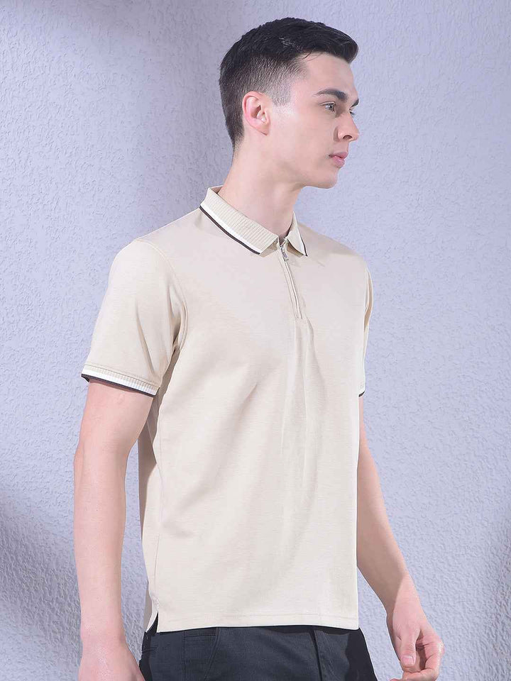 Beige Polo Neck T-Shirt with Zip Closure