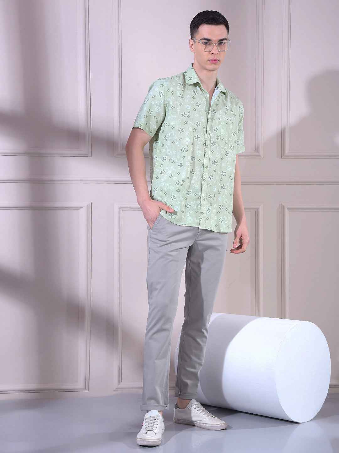 Green Linen Floral Print Shirt