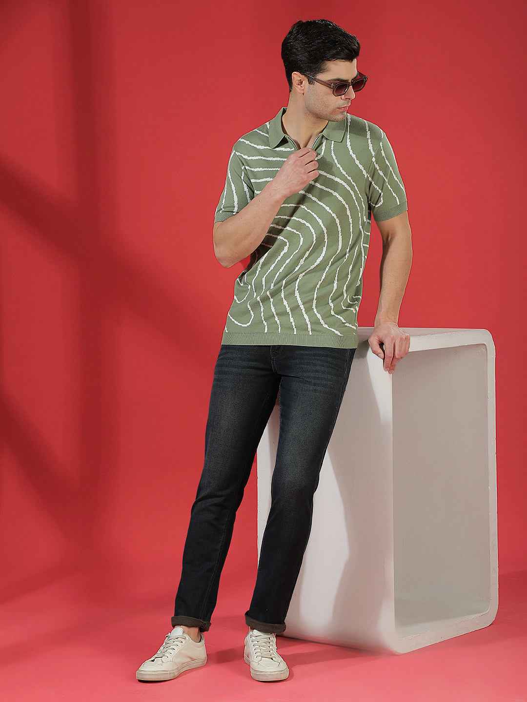 Green 100% Cotton Jacquard Texture Polo T-Shirt
