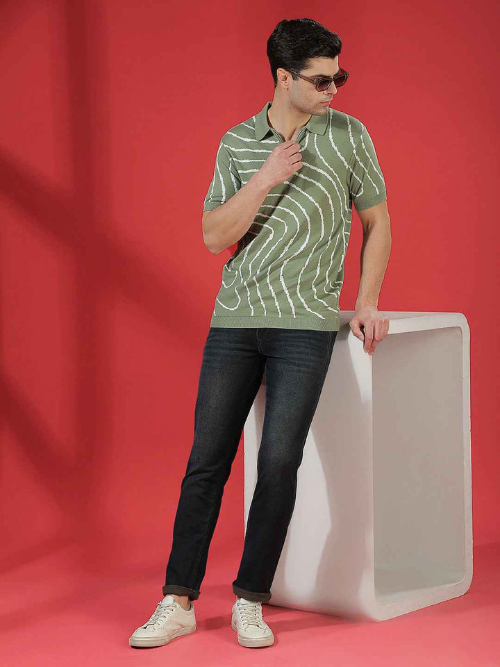 Green 100% Cotton Jacquard Texture Polo T-Shirt