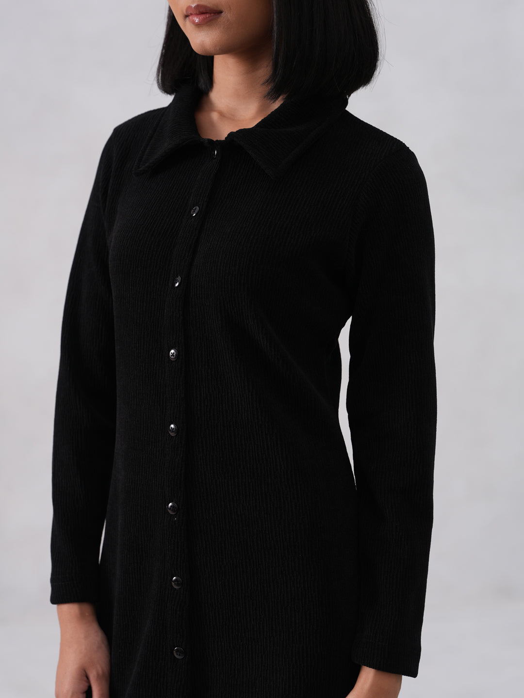 Black Textured Mini Shirt Dress