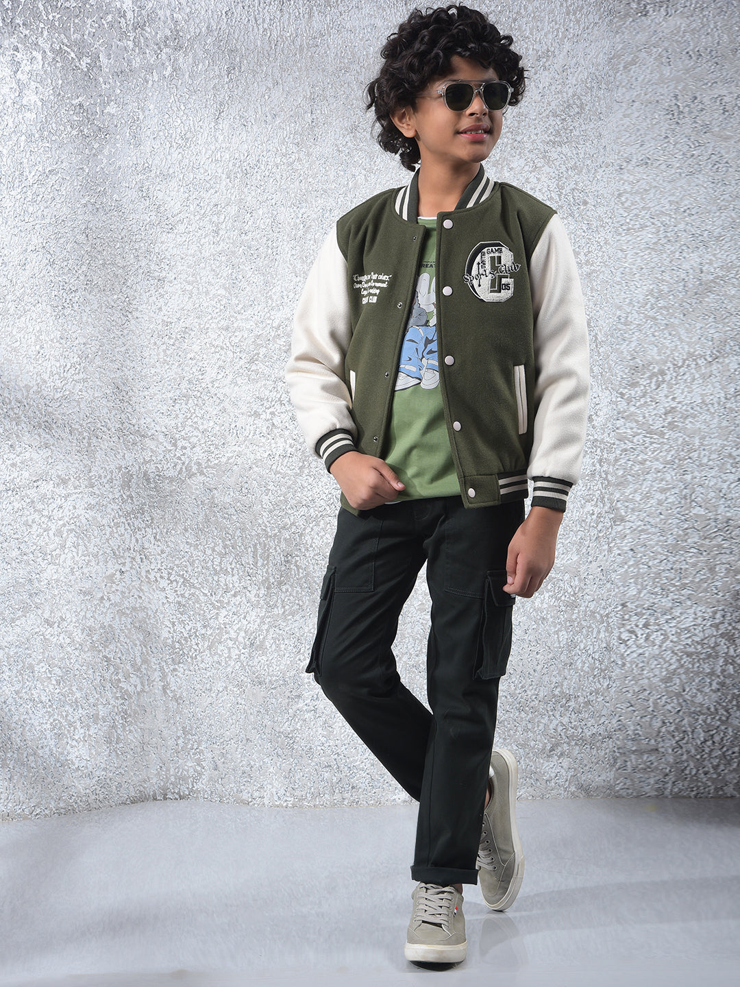 Olive Color-Block Varsity Jacket
