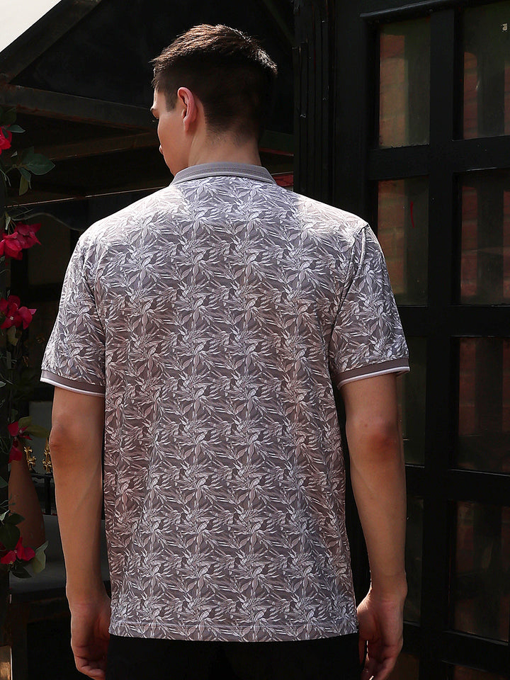 Purple Botanical Print Polo Neck T-Shirt