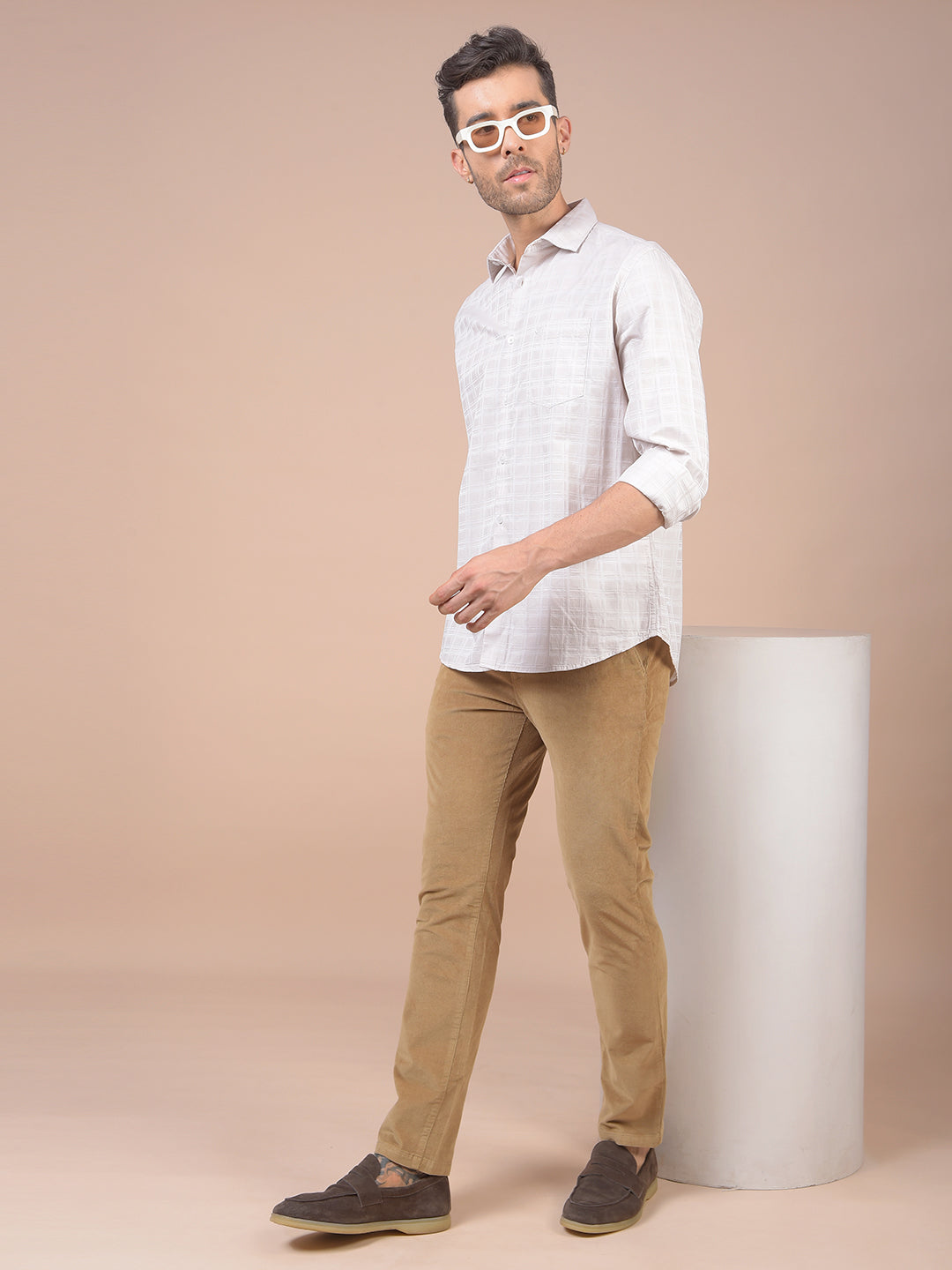 Cream Checked 100% Cotton Shirt