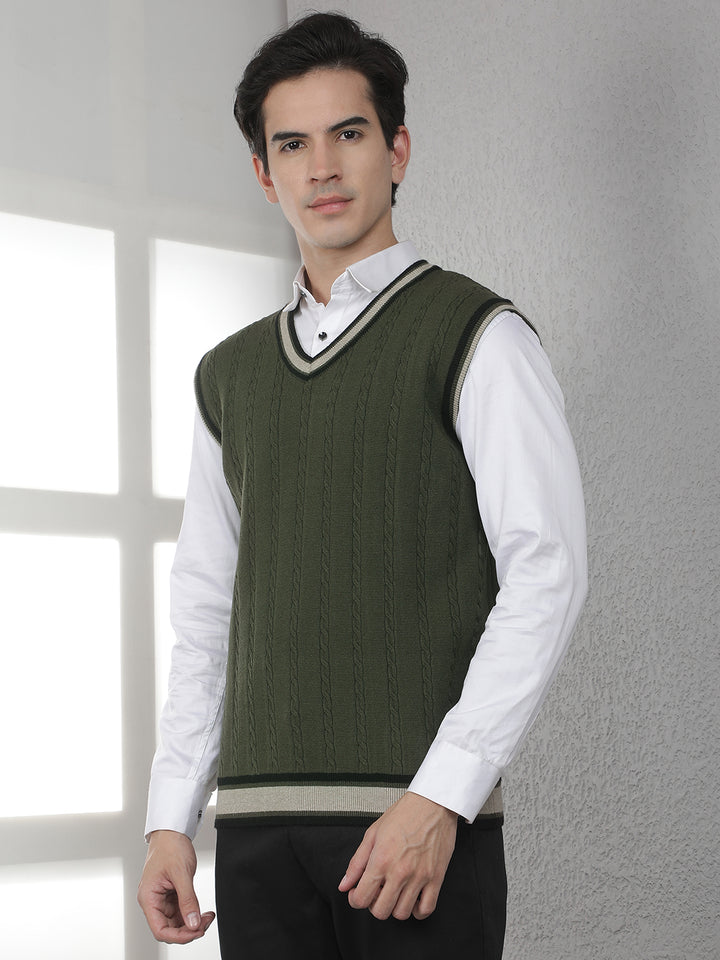 Olive Jacquard V-Neck Sleeveless Sweater