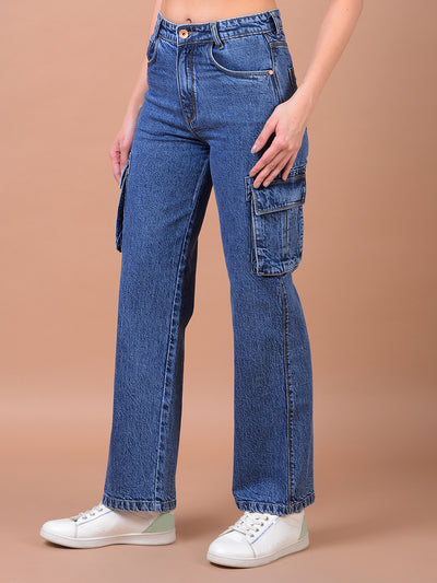 Blue Wide Leg 100% Cotton Cargo Jeans