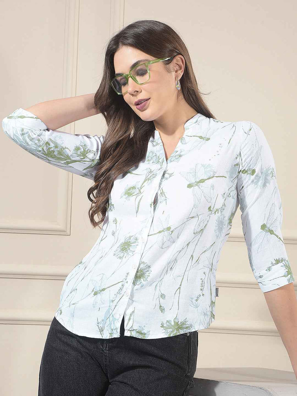 Green Floral Print V-Neck Linen Shirt