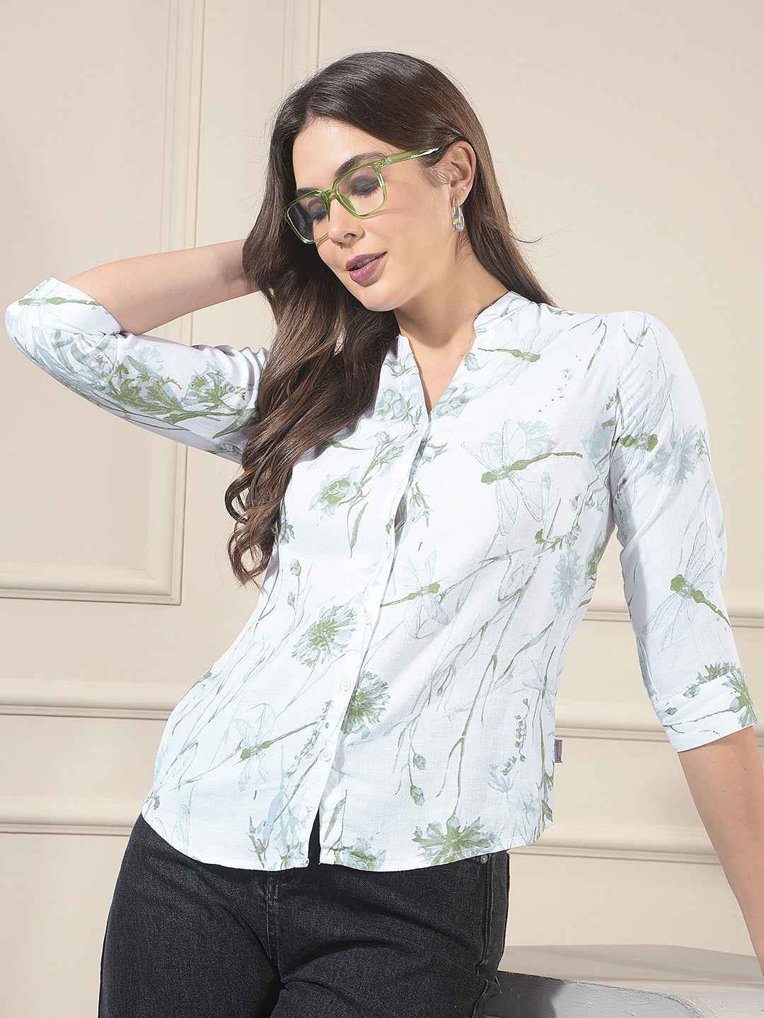 Green Floral Print V-Neck Linen Shirt