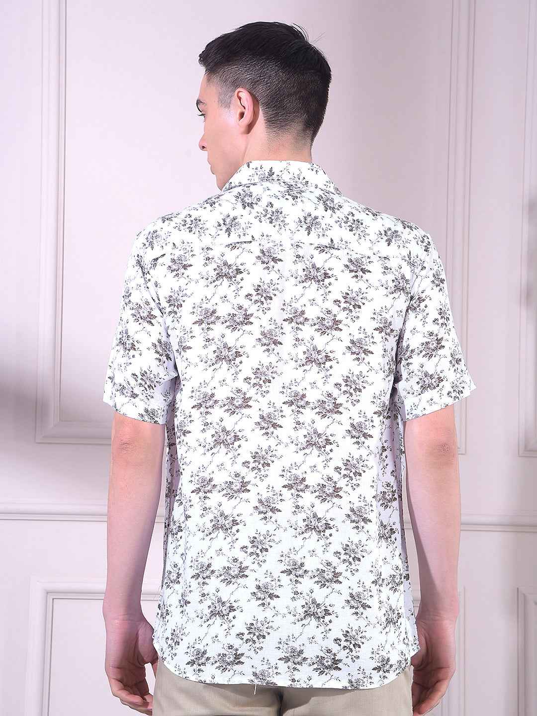 White Linen Floral Print Shirt