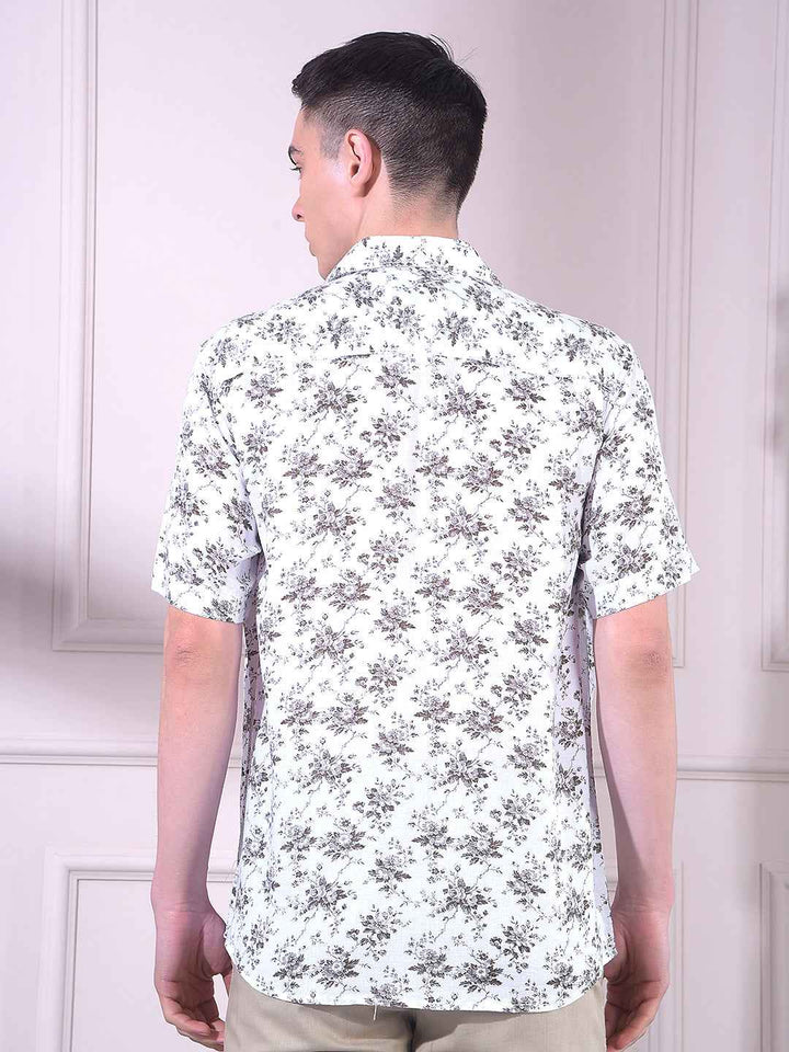 White Linen Floral Print Shirt